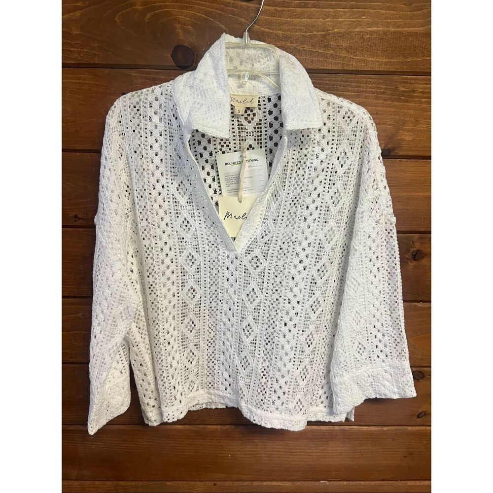 Marled Low V Collared White/Ivory Top Sz S NWT